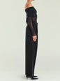 Rosa Top shown in profile with off shoulder ruched bodice and sheer sleeves paired with black tailored pants thumbnail image 3 of 5