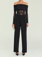 Rosa Top off the shoulder black top with ruched bodice and sheer sleeves paired with high waisted black trousers thumbnail image 5 of 5