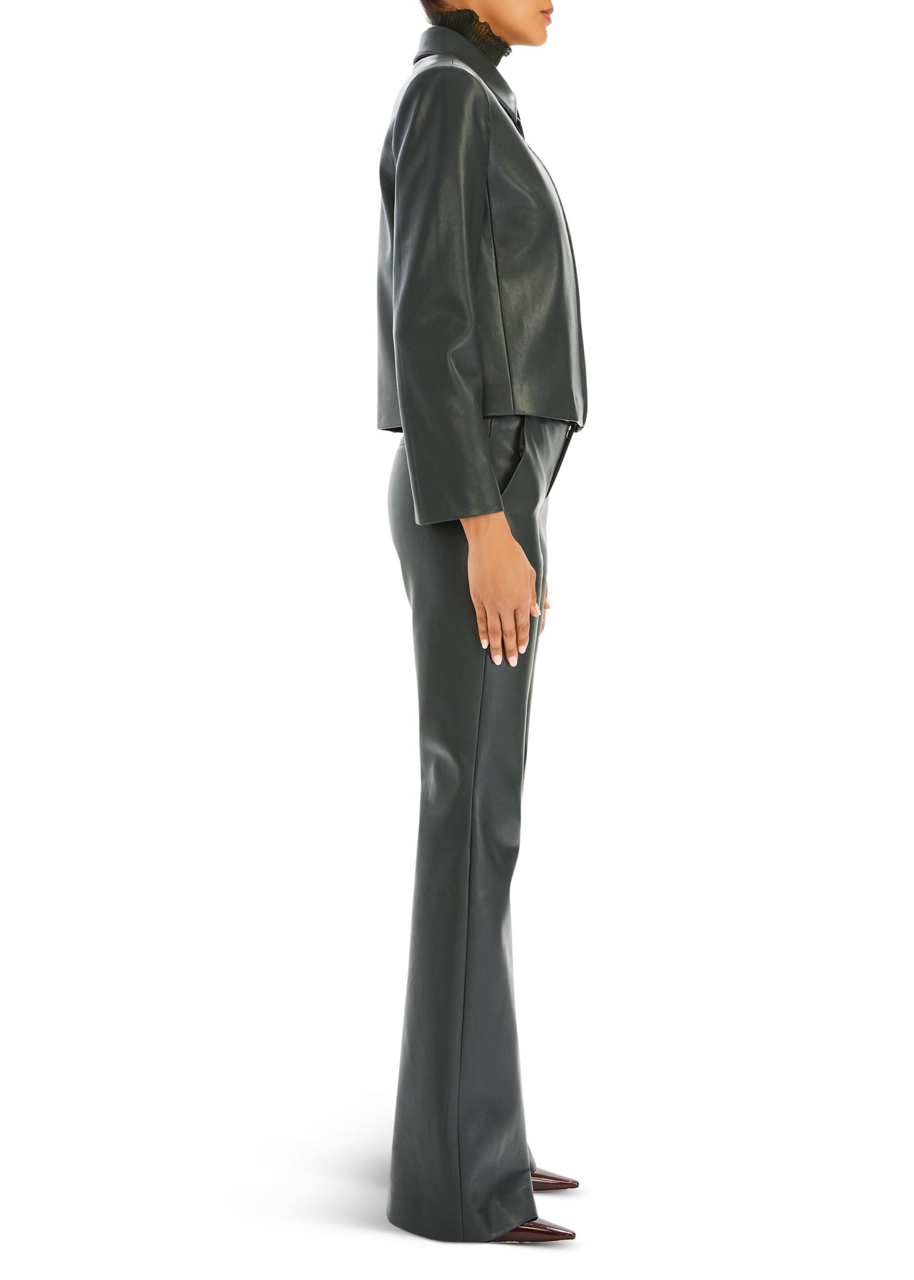 Fashion pu leather trumpet sleeve short coat