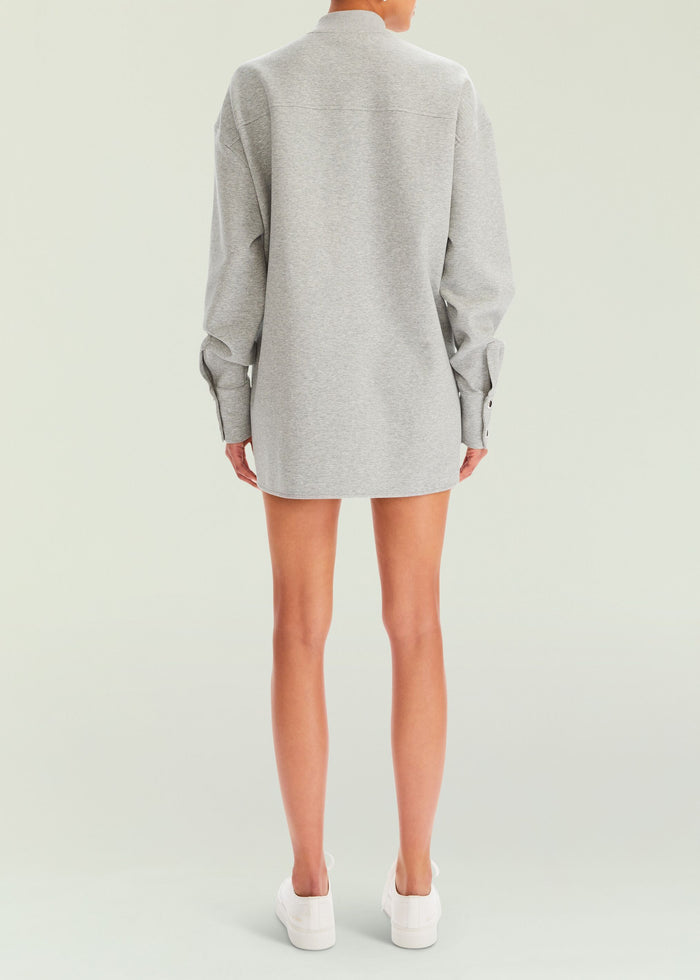 Back view of a gray Ayla Shacket worn by a model