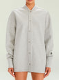 Close up of light gray Ayla Shacket front with a stand collar and metallic buttons thumbnail image 1 of 5