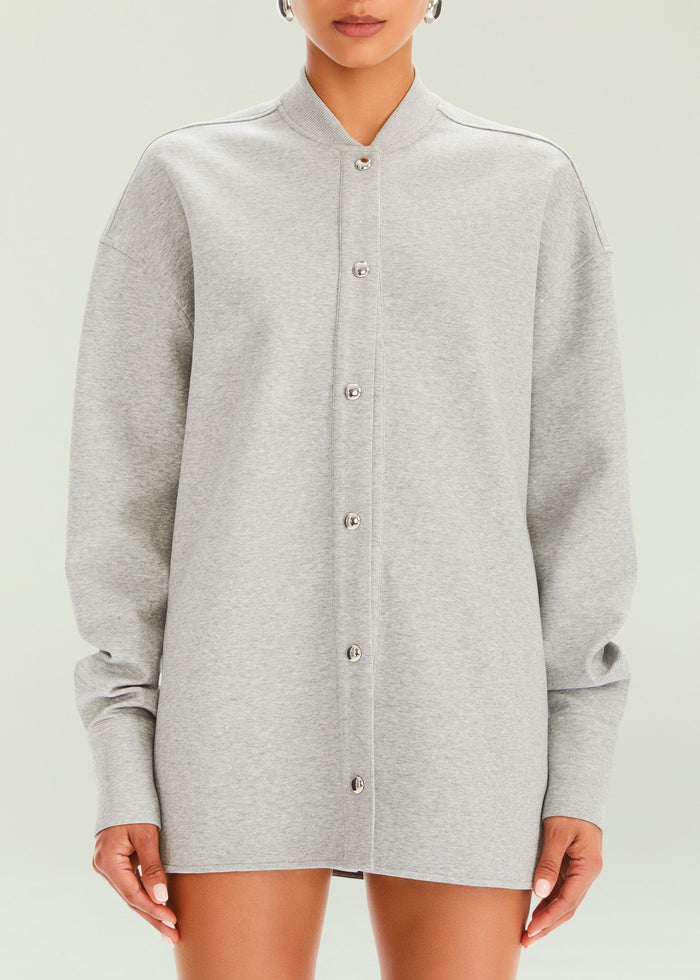 Close up of light gray Ayla Shacket front with a stand collar and metallic buttons
