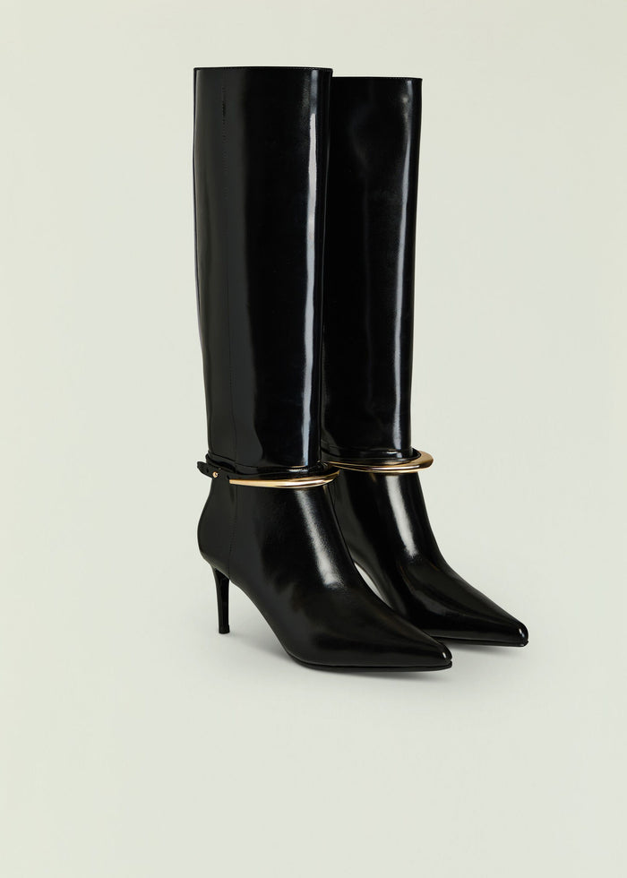 Sancia Boots glossy black knee-high boots with gold ankle strap and pointed toes