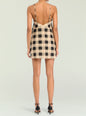 Back view of Shanty Linen Mini Dress in beige and black gingham with slender straps thumbnail image 4 of 5