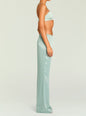 Side view of pastel green satin Courtney Bralette with crossed back straps and elastic band, paired with matching satin pants. thumbnail image 3 of 5