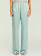Close-up of mint Viva Satin Pant waist showing elastic waistband and smooth satin fabric. thumbnail image 1 of 5