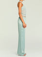 Side view of mint satin wide-leg pants with elastic waistband thumbnail image 3 of 5