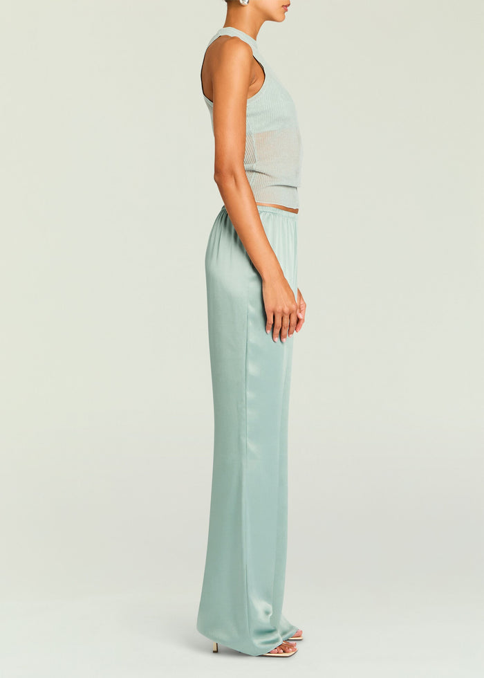 Side view of mint satin wide-leg pants with elastic waistband