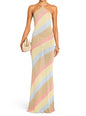 Pastel diagonal stripe knit maxi dress with halter neckline shown on model holding a woven clutch thumbnail image 1 of 5