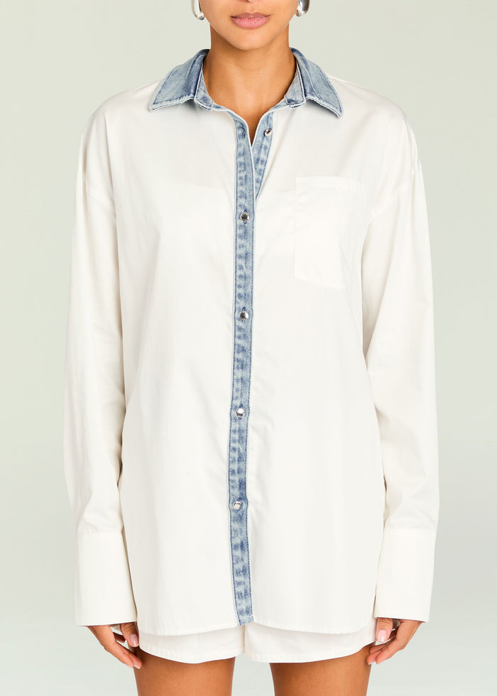 White Gill Oversized Shirt with denim collar and placket detail