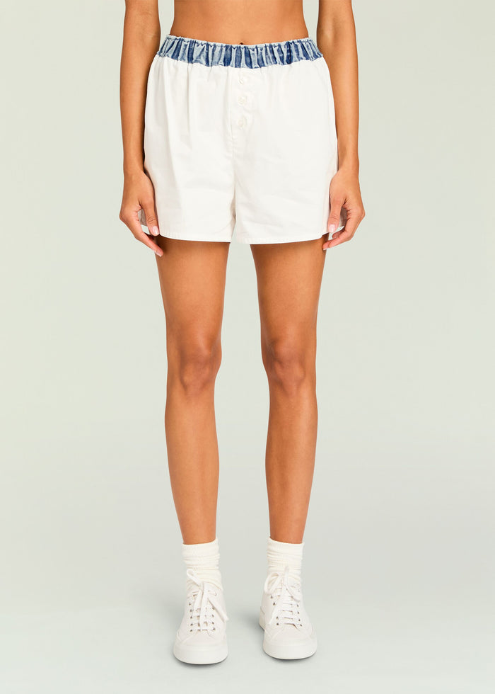 White Tama boxer shorts with a blue denim elastic waistband.