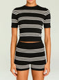 Front view of Ry Knit Top in black with white stripes, cropped hem and short sleeves. thumbnail image 1 of 5