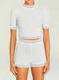 Tif Knit Baby Tee in pale blue and cream with a ribbed crew neck and short sleeves. thumbnail image 1 of 5