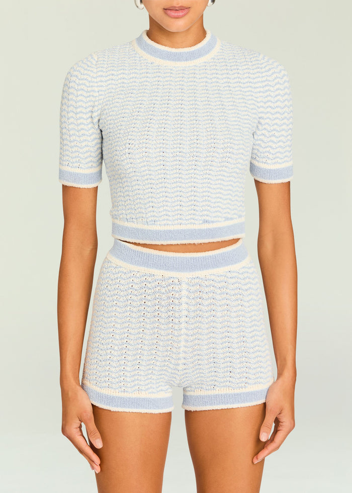 Tif Knit Baby Tee in pale blue and cream with a ribbed crew neck and short sleeves.