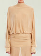 Beige Swan Maxi Dress bodice with high neckline and soft draped fabric thumbnail image 3 of 5