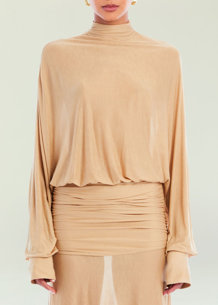 Beige Swan Maxi Dress bodice with high neckline and soft draped fabric