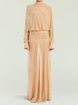 Swan Maxi Dress in warm beige with turtleneck top, long sleeves, ruched waist, and a full-length skirt. thumbnail image 5 of 5