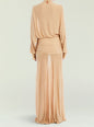 Back view of beige Swan Maxi Dress with a draped waist and small keyhole at the neckline. thumbnail image 4 of 5