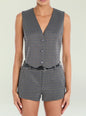 Tatiana vest with V neckline in grey and black check and a row of front buttons. thumbnail image 1 of 5
