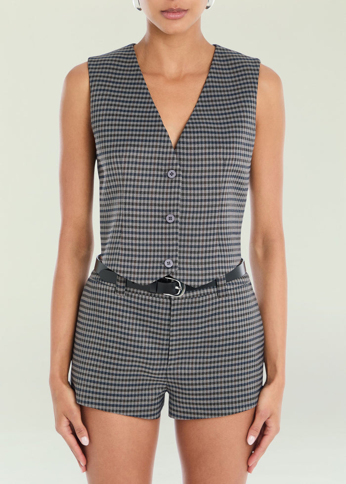 Tatiana vest with V neckline in grey and black check and a row of front buttons.