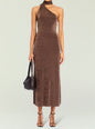 Brown velvet Tre Midi Dress front view with a wrapped one shoulder neckline and neck wrap, model carrying a black woven handbag thumbnail image 1 of 5