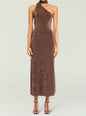 Brown velvet one shoulder midi dress with wrapped neck detail on a model thumbnail image 5 of 5