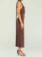 Side view of brown velvet Tre Midi Dress showing a halter neck and a long fabric tie draping down the back thumbnail image 3 of 5