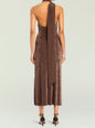 Back view of a chocolate brown Tre Midi Dress with a halter neck and long draped sash. thumbnail image 4 of 5