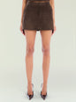 Front view of Torrance Suede Mini Skirt in dark brown with a high waist and mini length thumbnail image 1 of 5