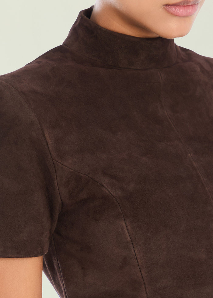 Close-up of dark brown suede top with a high neck on a model.