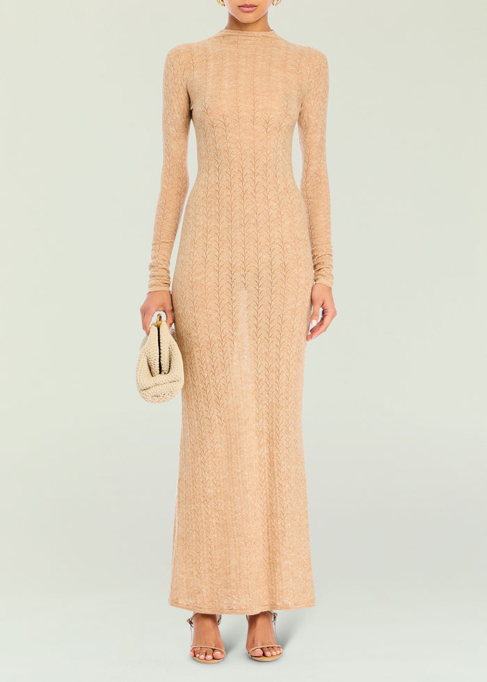 Beige Una Knit Maxi Dress with long sleeves and textured knit pattern