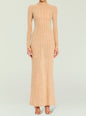 Back view of a taupe knit maxi dress with long sleeves and a subtle textured pattern. thumbnail image 5 of 5