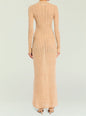 Back view of peach knit maxi dress showing the textured vertical leaf pattern and slim fit. thumbnail image 4 of 5