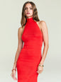 Model wearing red halter neck maxi dress against a light neutral background thumbnail image 6 of 6
