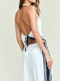 Back view of Nicola Top showing open back with a tie and white fabric with navy stripe trim thumbnail image 3 of 6