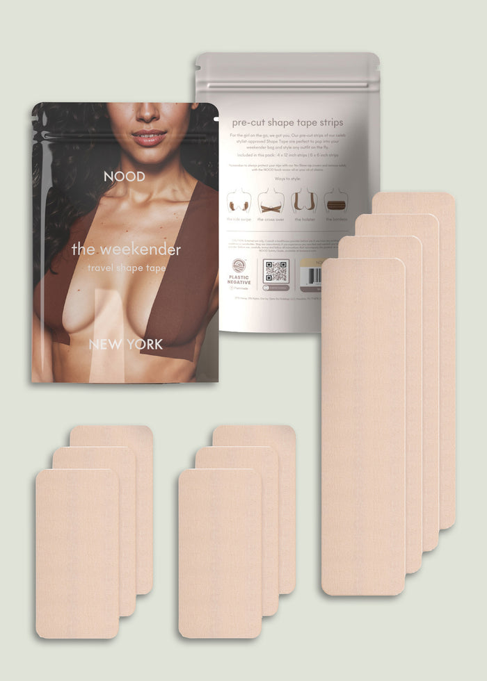 NOOD the weekender travel shape tape packaging with a model image and multiple beige pre cut strips