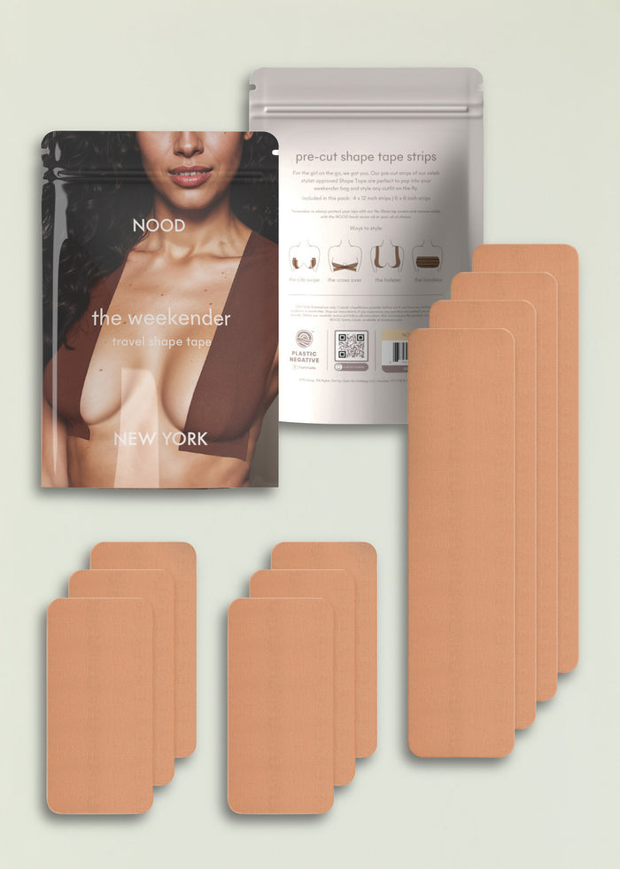 The weekender travel shape tape kit with model on the left and stacked beige pre cut strips on the right