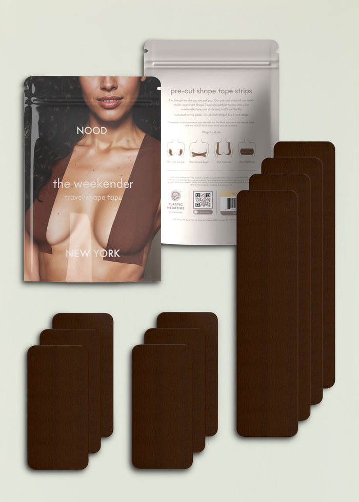 NOOD Weekender travel shape tape packaging featuring a model in a brown top and a resealable pouch with pre-cut strips