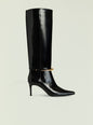 Sancia Boot tall glossy black knee-high boot with thin gold buckle strap at the ankle thumbnail image 1 of 5