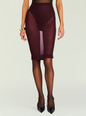 Lucille Midi Skirt burgundy with a sheer center panel worn with tights thumbnail image 1 of 5