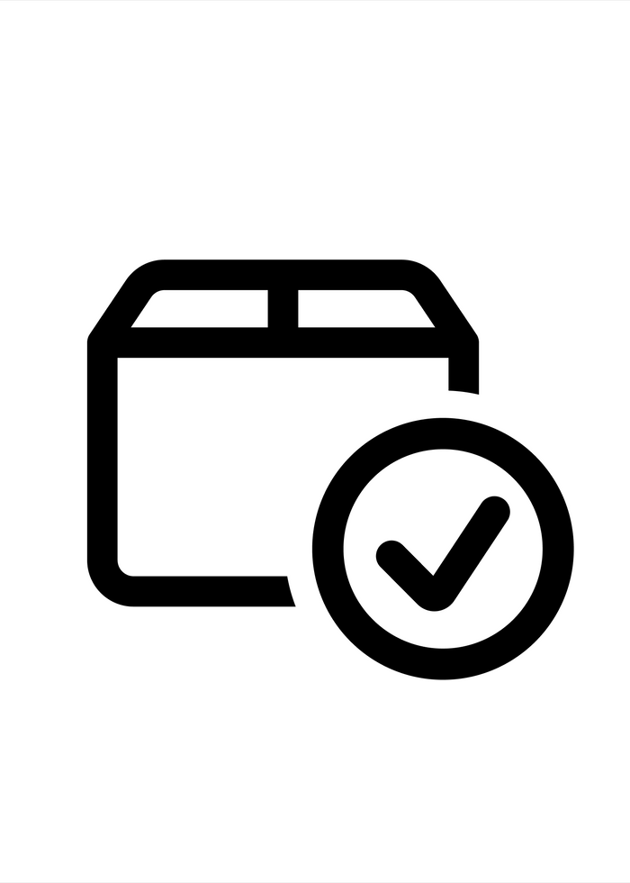 Bold black line art of a package icon with a circular checkmark badge overlapping the bottom right. image 1 of 1