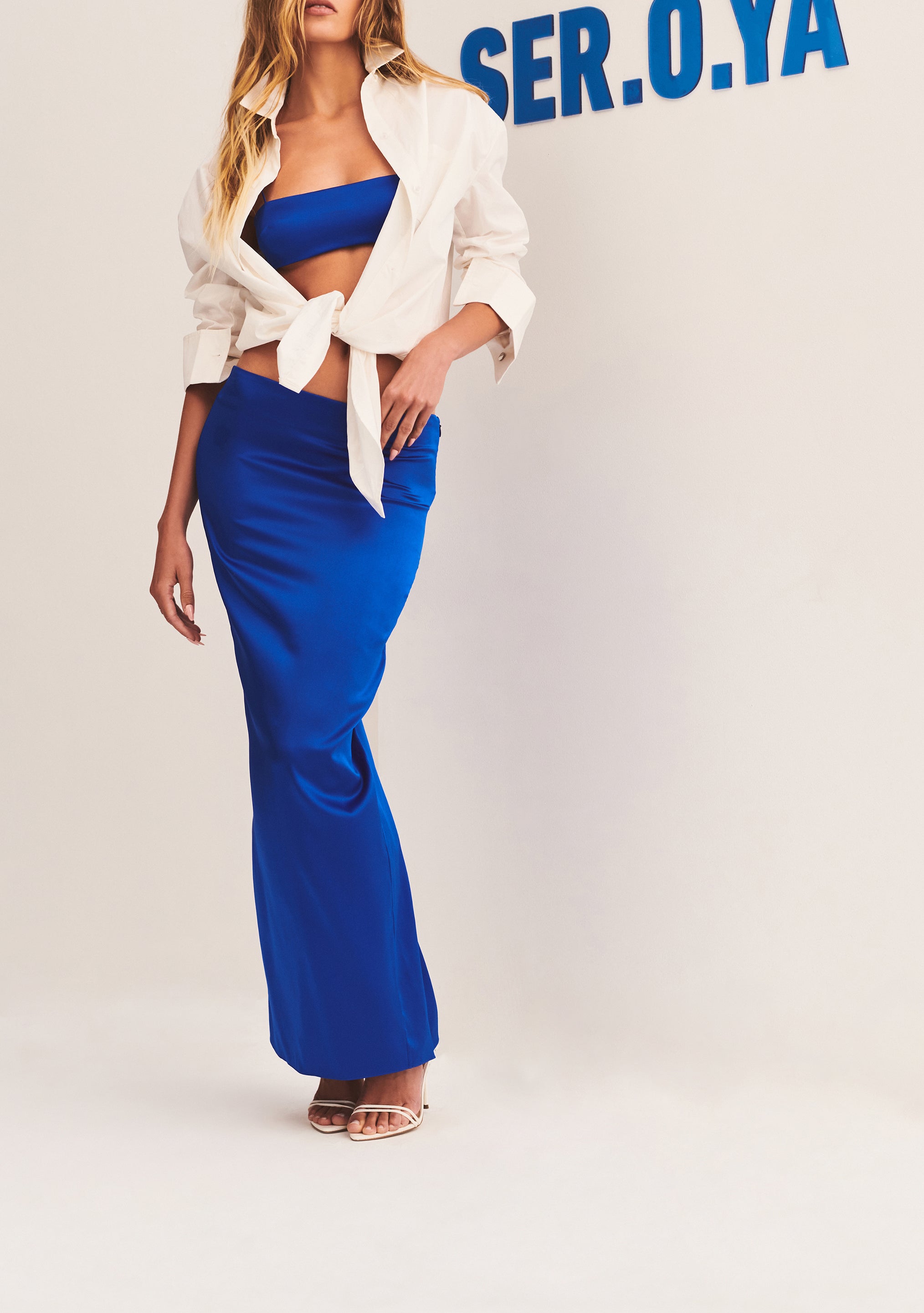 Blue silk midi outlet skirt