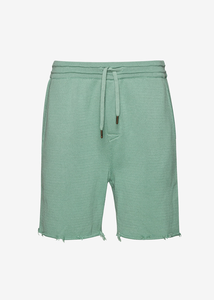 Mint green knit shorts waistband with drawstring and metal tips.