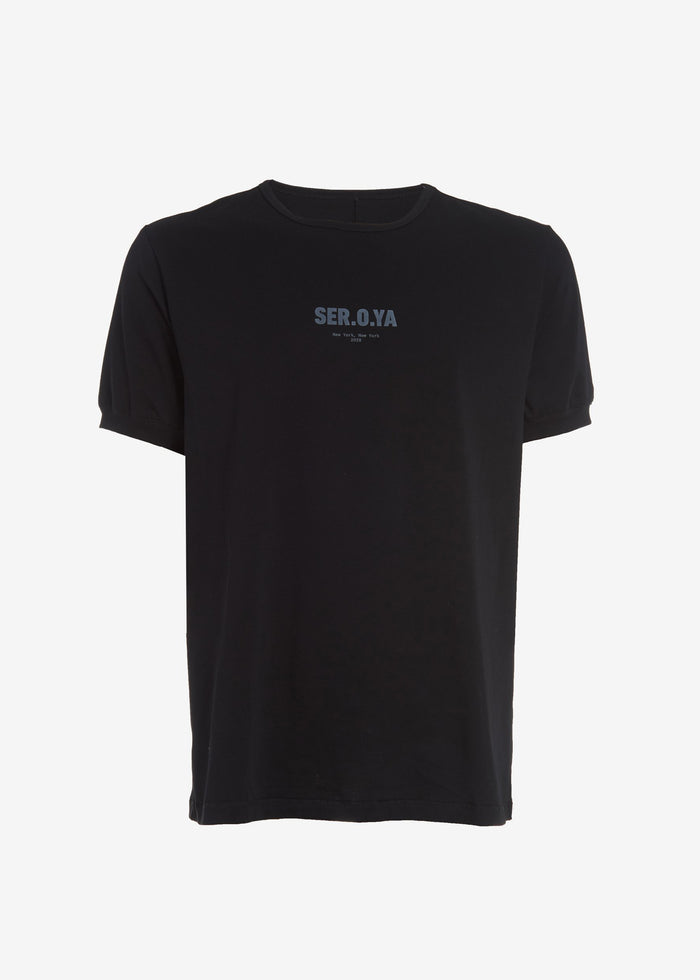 Black short sleeve T shirt with centered blue SER.O.YA logo