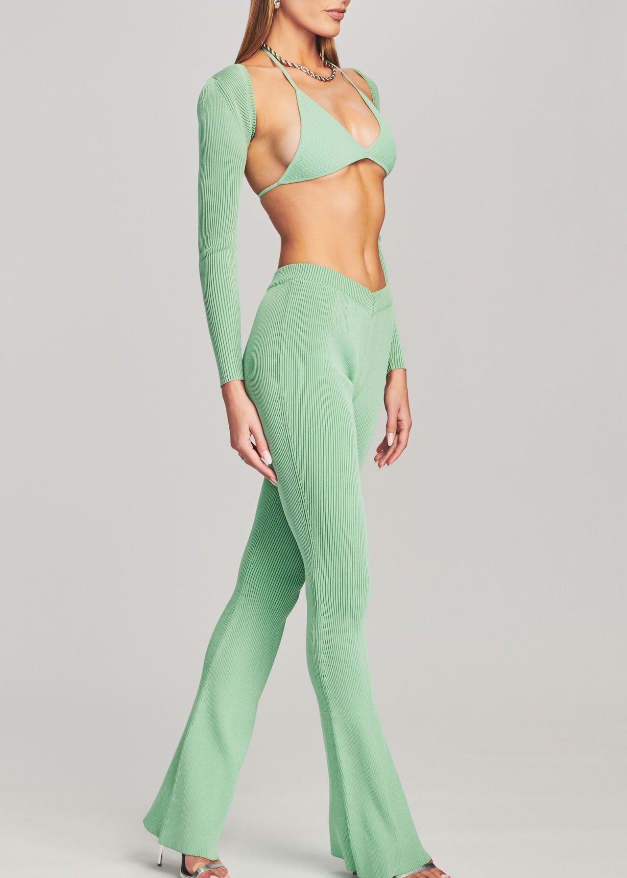 Ribbed Flared Pants - Mint green - Ladies