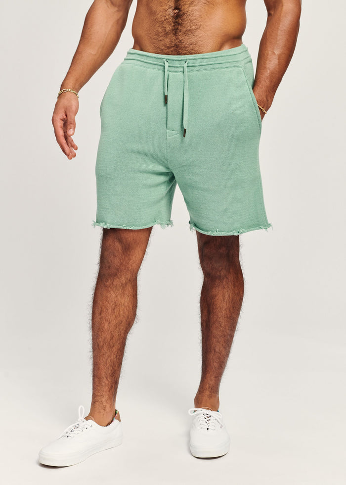 Model wearing mint green knit shorts with a drawstring waist and side pockets.