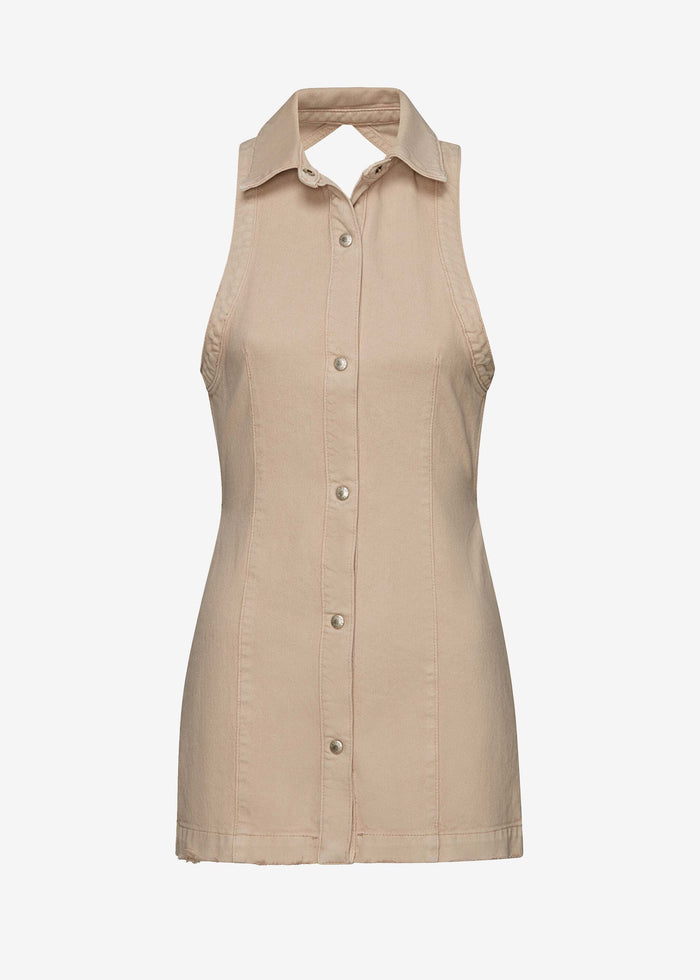 Beige sleeveless Gemma Dress with vertical seams and frayed hem