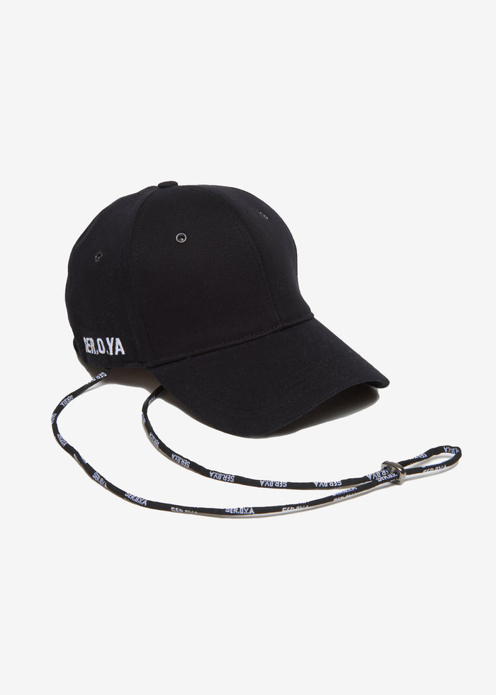 Black cotton twill cap with front embroidery and matching chin strap