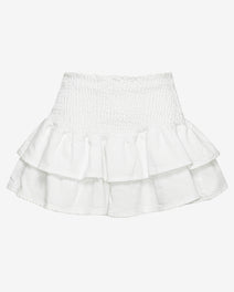 Isa Skirt in white with a shirred high waist and layered ruffle hem.