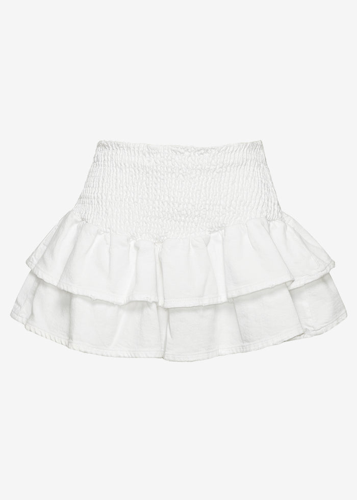 Isa Skirt in white with a shirred high waist and layered ruffle hem.